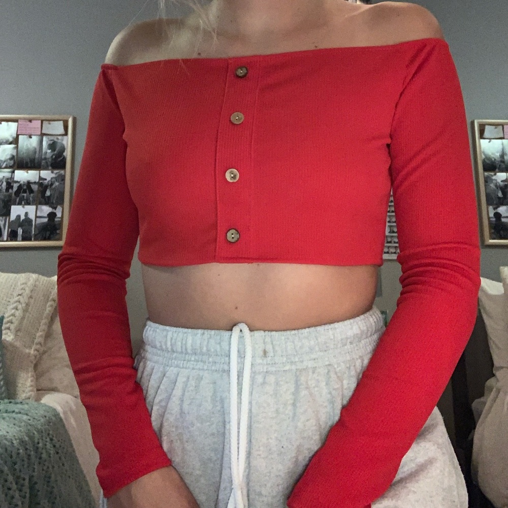 Red Long Sleeve Crop Top w/ Buttons Down Front